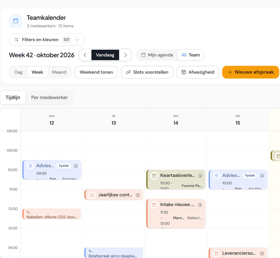 De teamkalender van week 42 in Fikst: afspraken, taken en werkorders van drie medewerkers per dag, met knoppen voor tijdvoorstellen en afwezigheid.