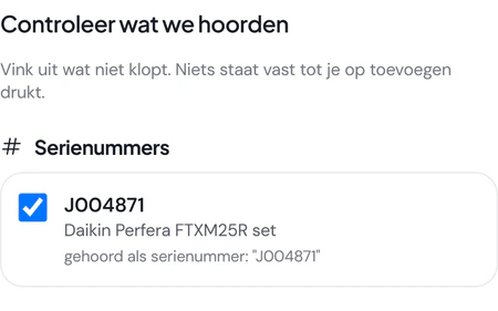 Controleer wat we hoorden: een serienummer van een Daikin-binnenunit, 60 minuten werk, vijf taken als voltooid en een notitie, met de knop 4 regels toevoegen.