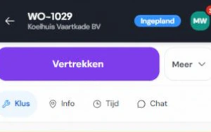 Werkbon WO-1029 voor Koelhuis Vaartkade op de telefoon van de monteur, met wat er moet gebeuren, de knop Werkbon inspreken en de taken.