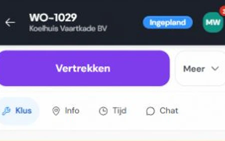 Werkbon WO-1029 voor Koelhuis Vaartkade op de telefoon van de monteur, met wat er moet gebeuren, de knop Werkbon inspreken en de taken.