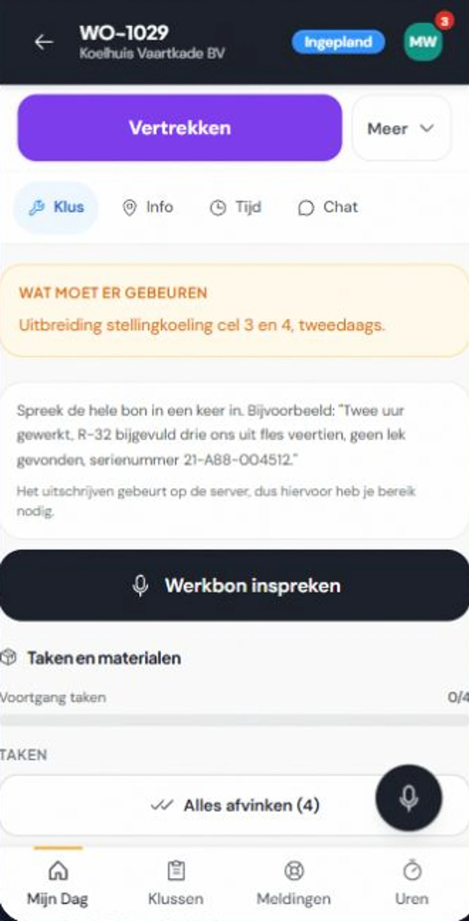 Werkbon WO-1029 voor Koelhuis Vaartkade op de telefoon van de monteur, met wat er moet gebeuren, de knop Werkbon inspreken en de taken.